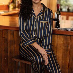Fable and Eve Notting Hill Navy And Gold Stripe Cotton & Modal Pajama Set Sz 10